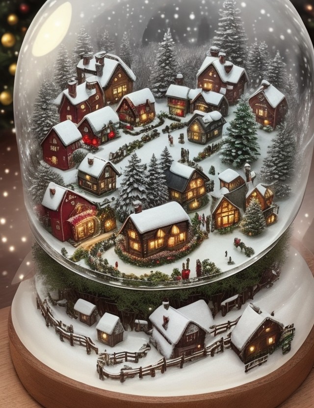 dreamy village with christmas decorations in a snow globe