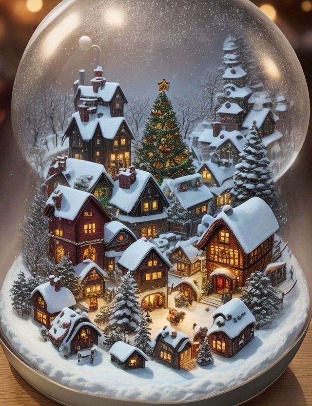 dreamy village with christmas decorations in a snow globe