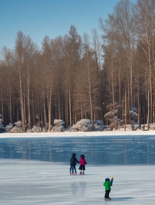 ice skating children on a big frozen lake