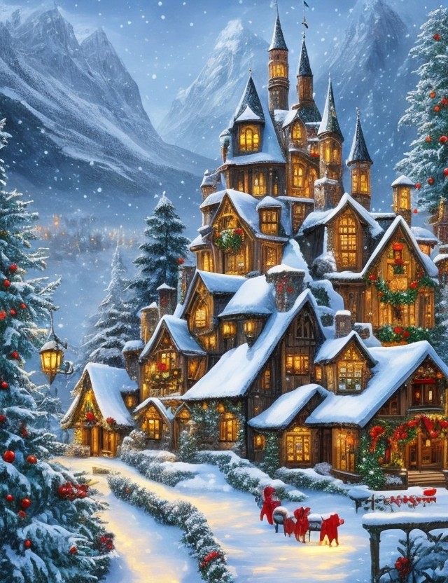 magical snowy castle with christmas decoration