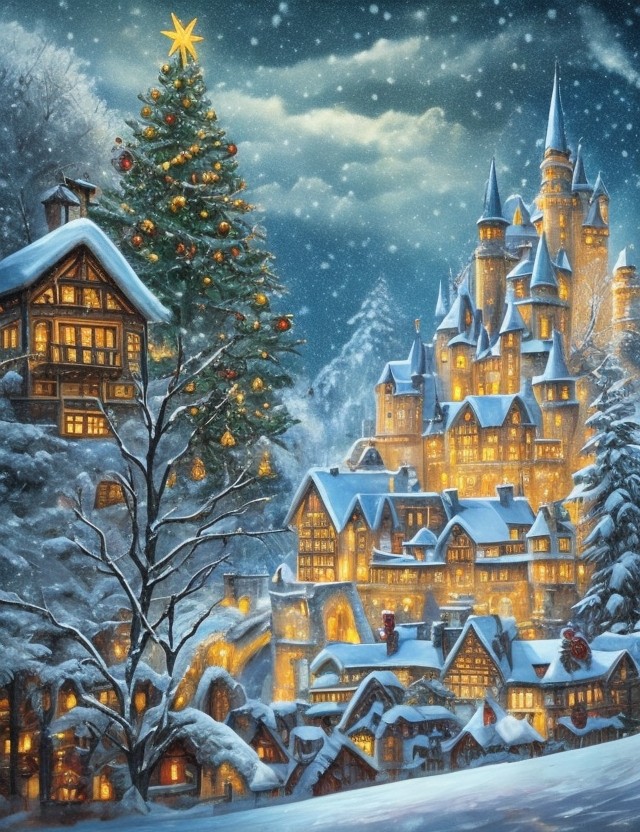 magical snowy castle with christmas decoration