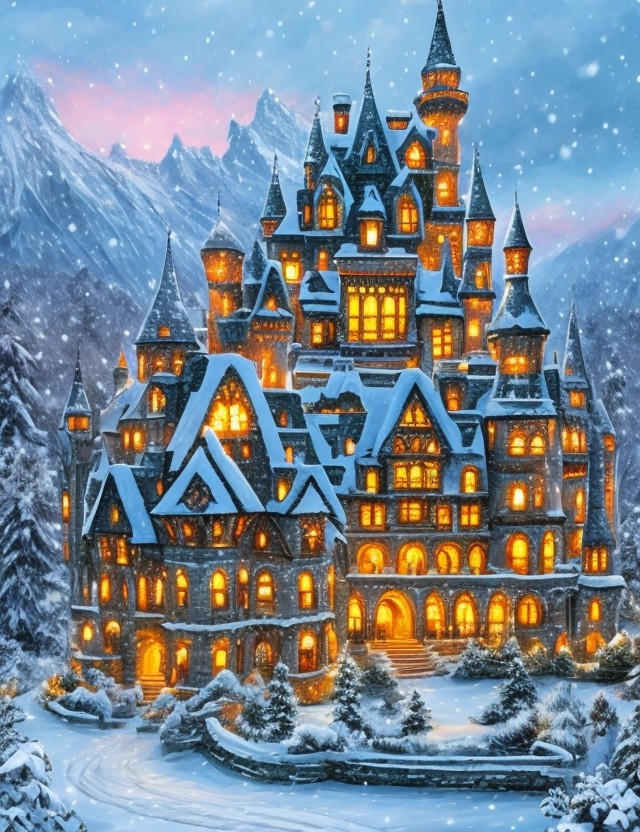 magical snowy pink castle with christmas decoration