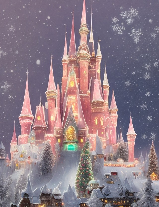 magical snowy pink castle with christmas decoration
