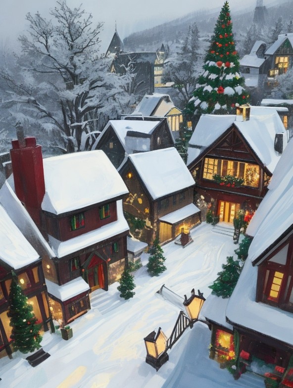 magical snowy village with christmas decoration