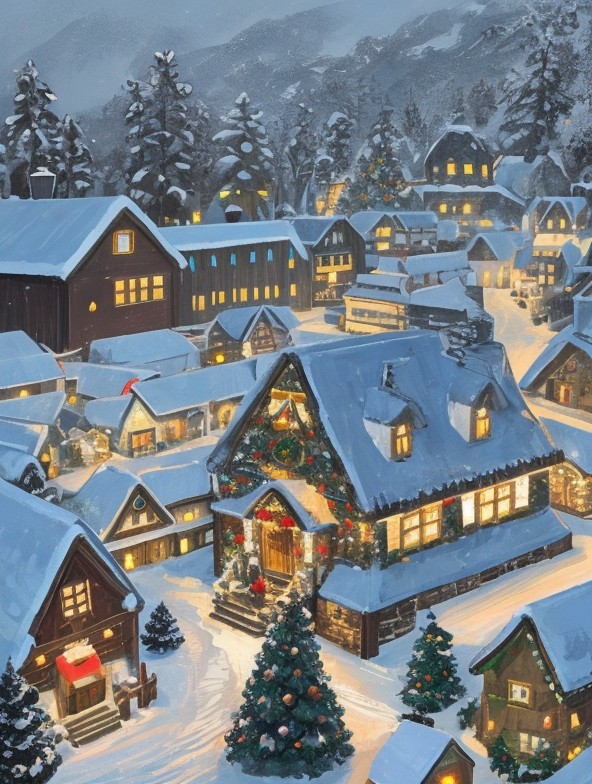 magical snowy village with christmas decoration