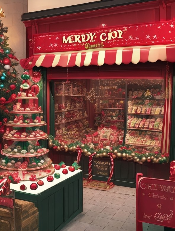 magical candy shop with christmas decorations