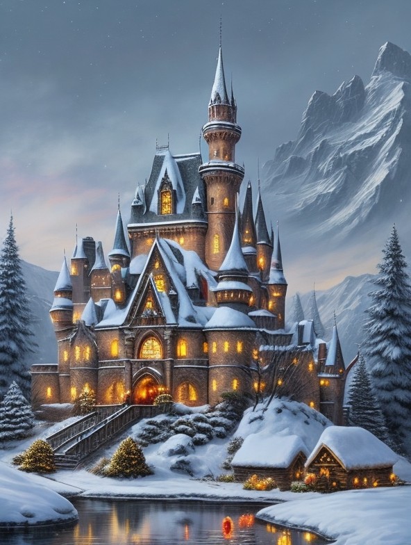 snowy castle with christmas decorations