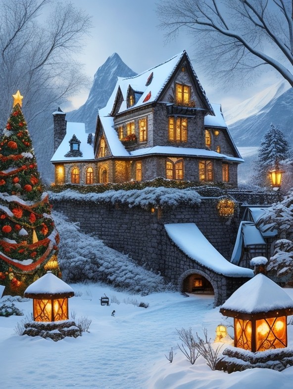 snowy castle with christmas decoration
