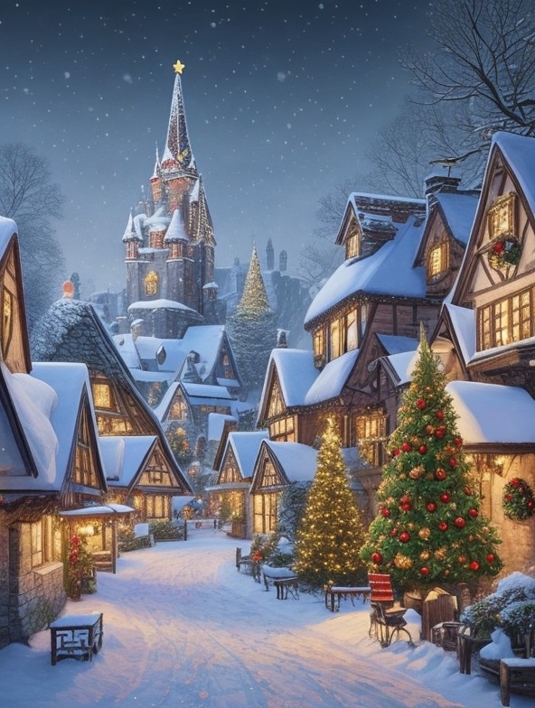 snowy village with christmas decoration