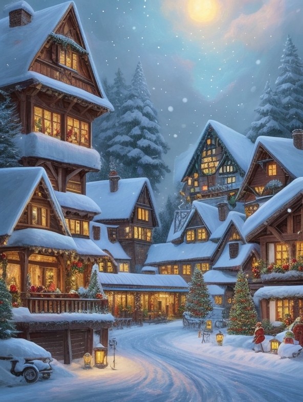 snowy village with christmas decoration