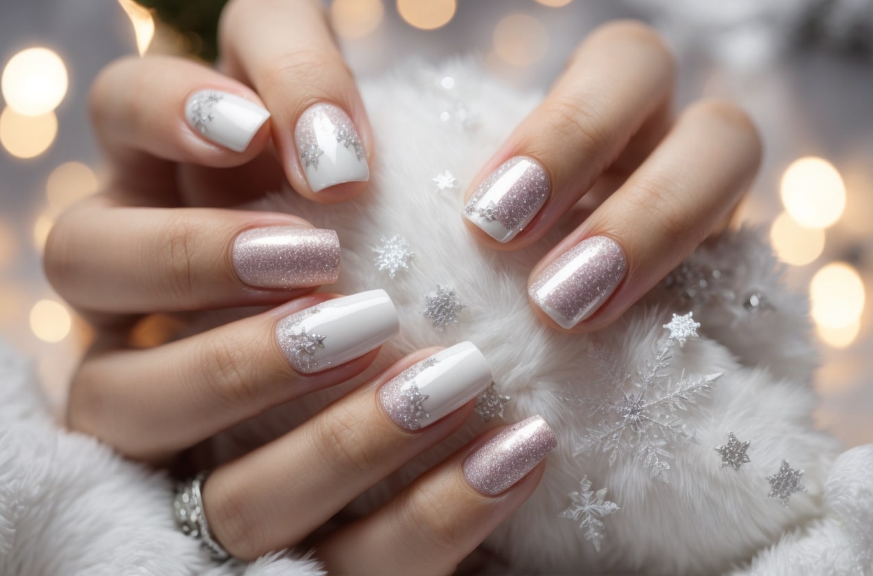 sparkling white cristmas nail art