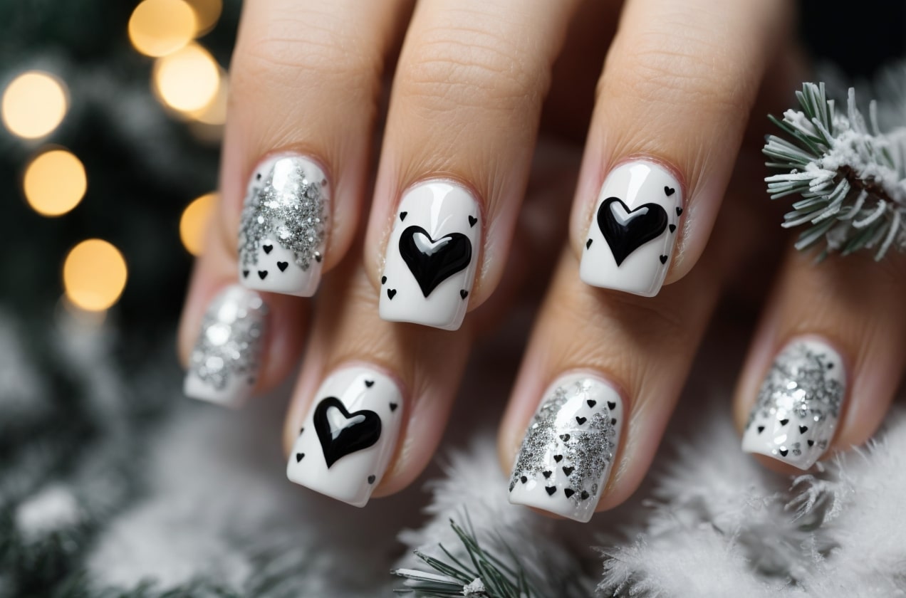white and black christmas nails