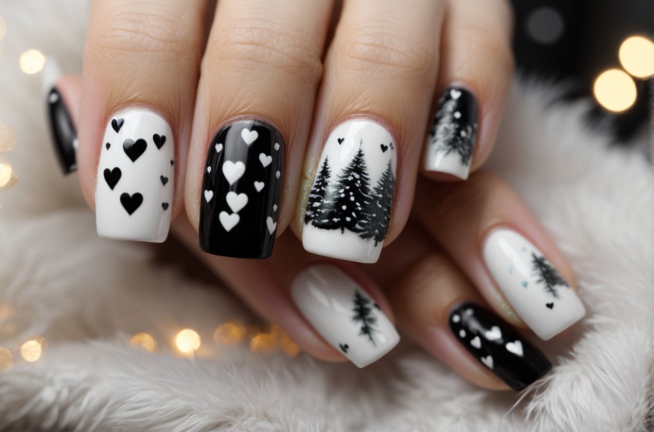 white and black christmas nails