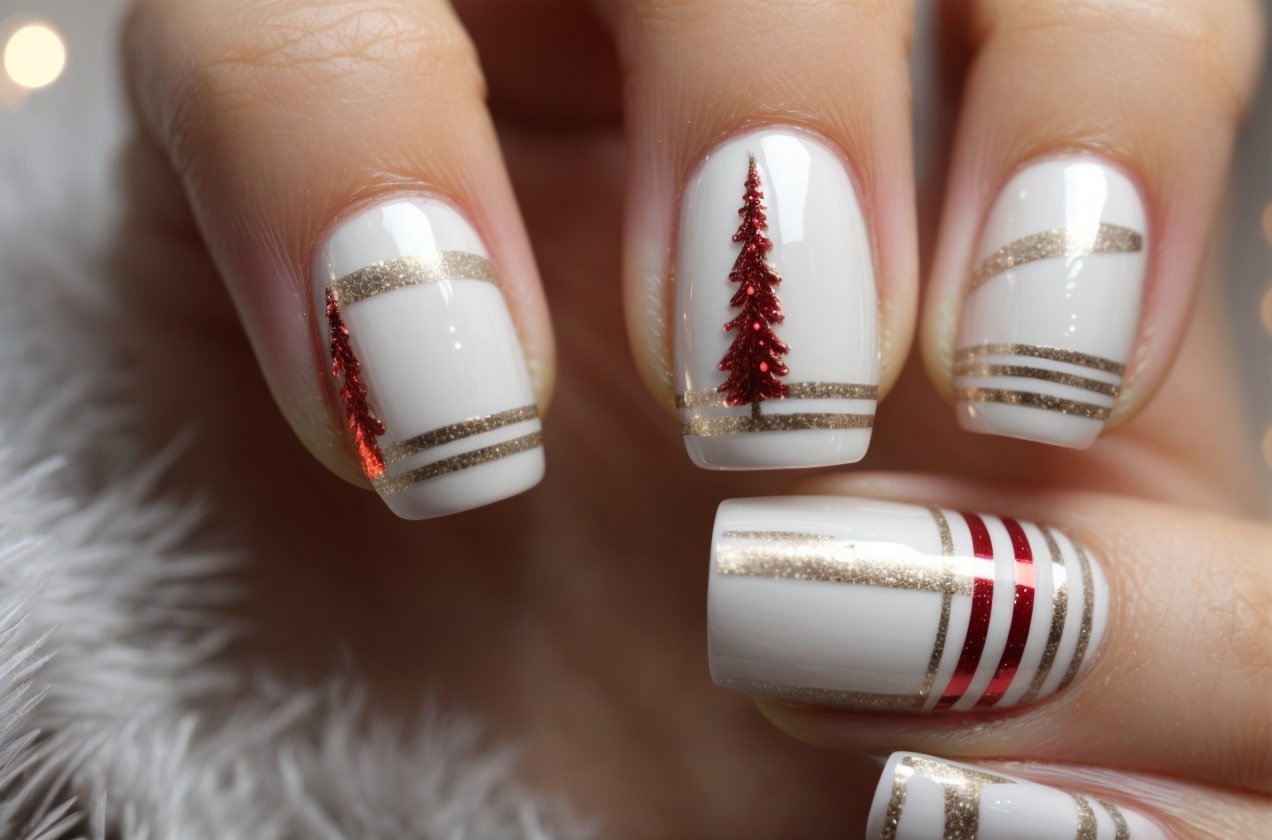 white christmas nail art with lines