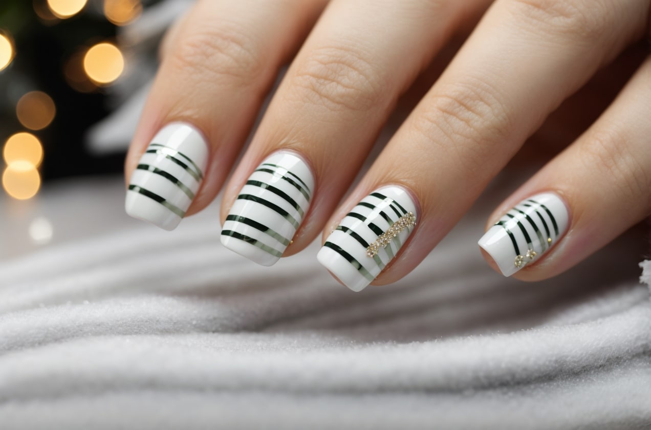 white christmas nail art with lines