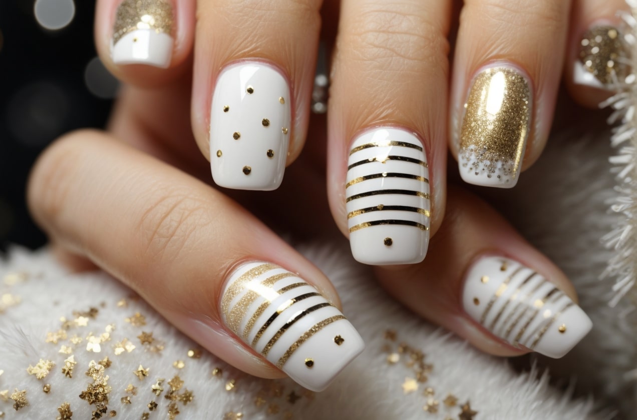 white christmas nails with gold lines