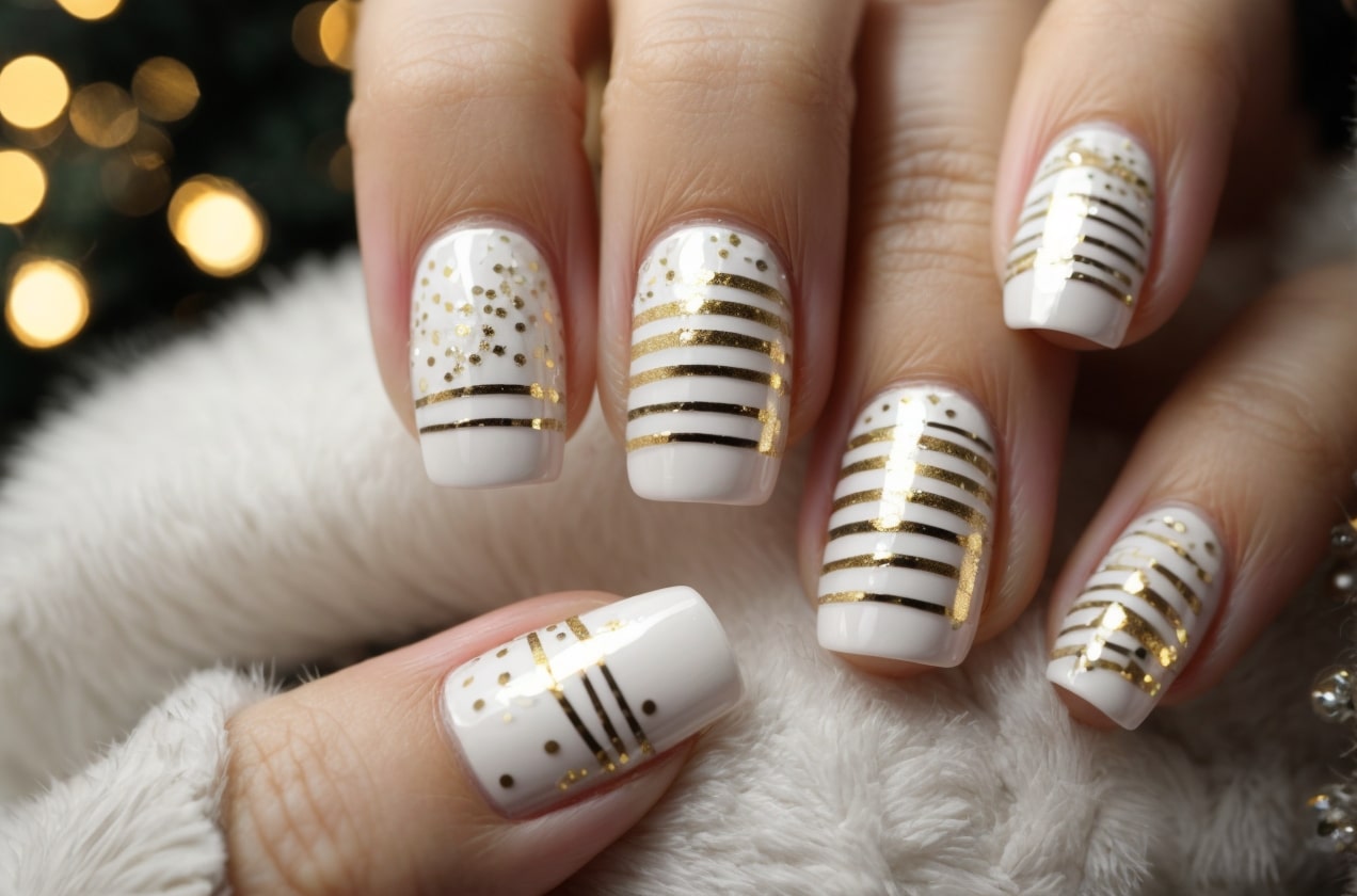 white christmas nails with gold lines