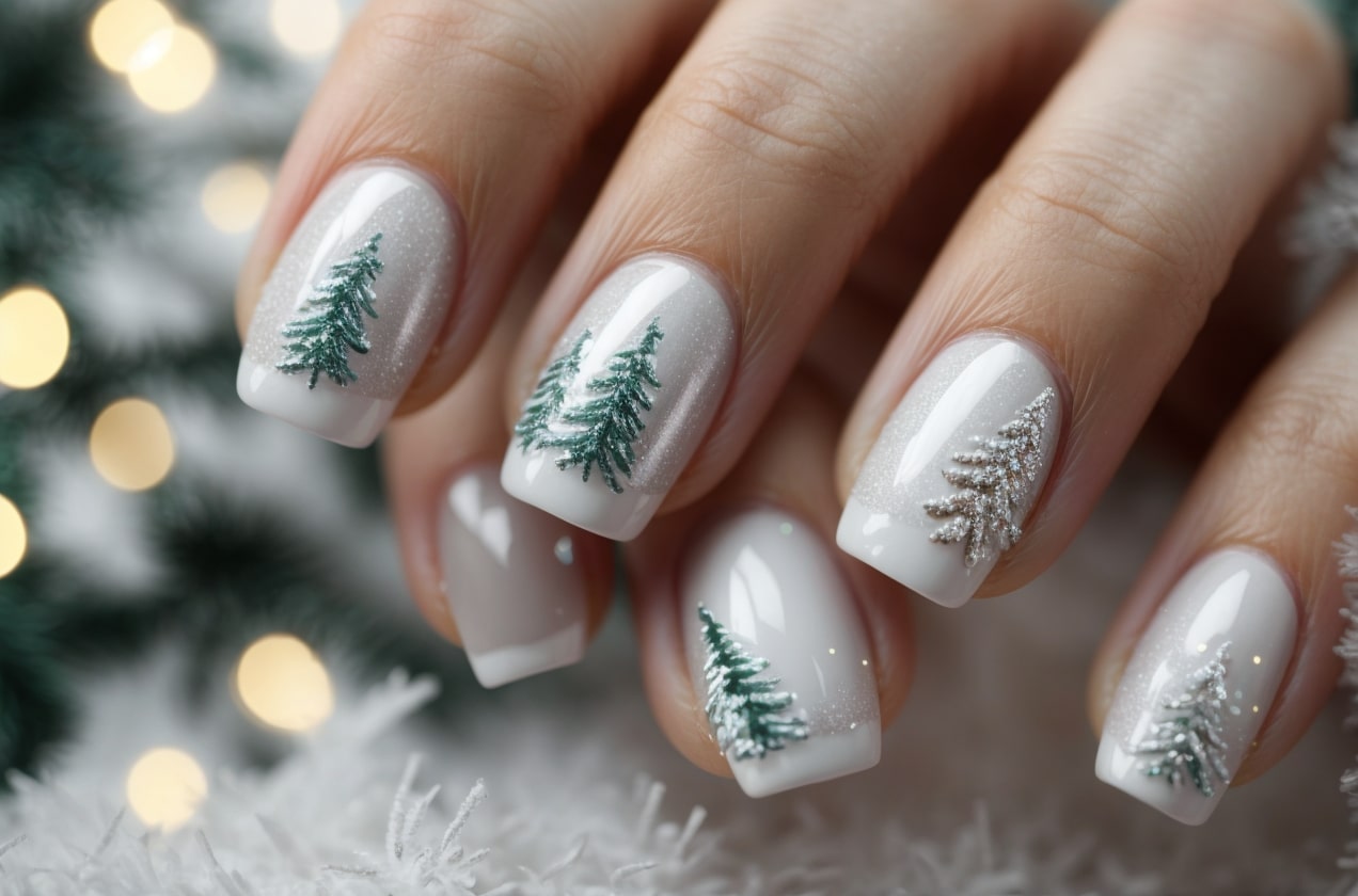 white christmas nails with green tree