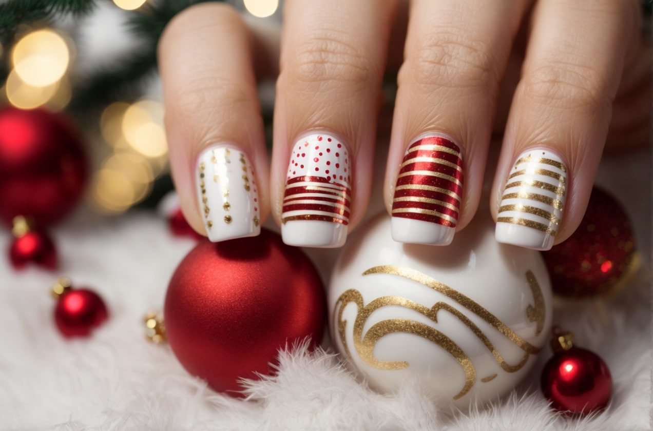 white christmas nails with lines
