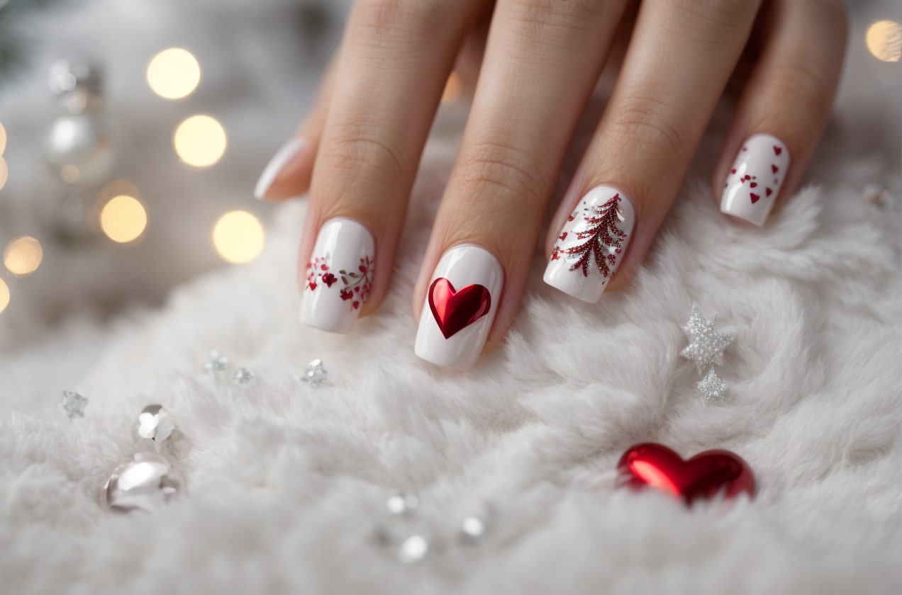 white christmas nails with red heart