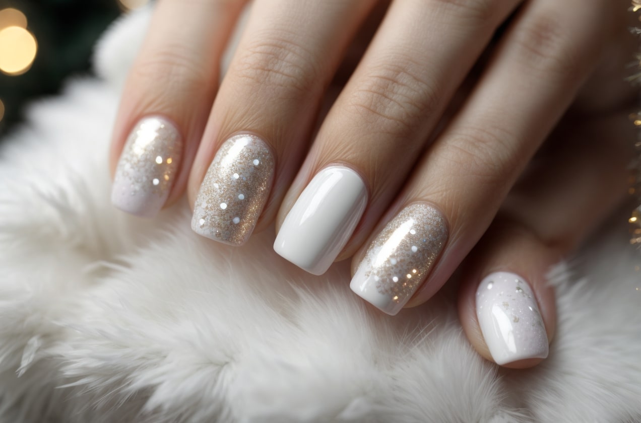 white christmas nails with sparkles