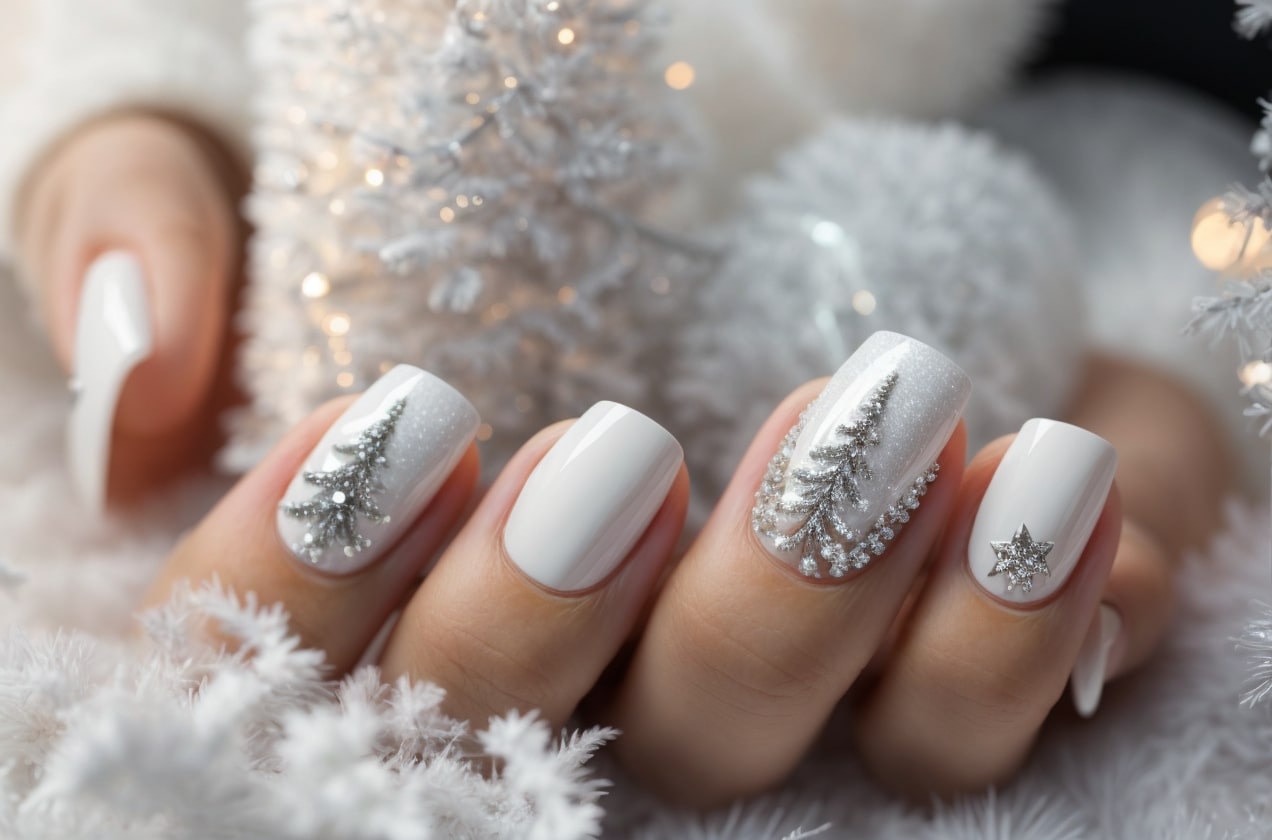 white christmas nails with trees