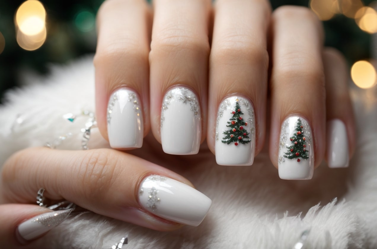 white christmas nails with trees