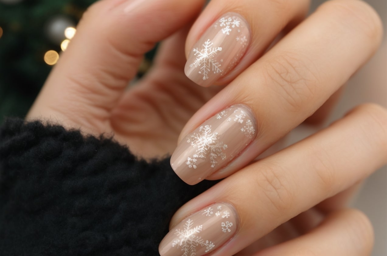 Nude Snowflake Winter Nails